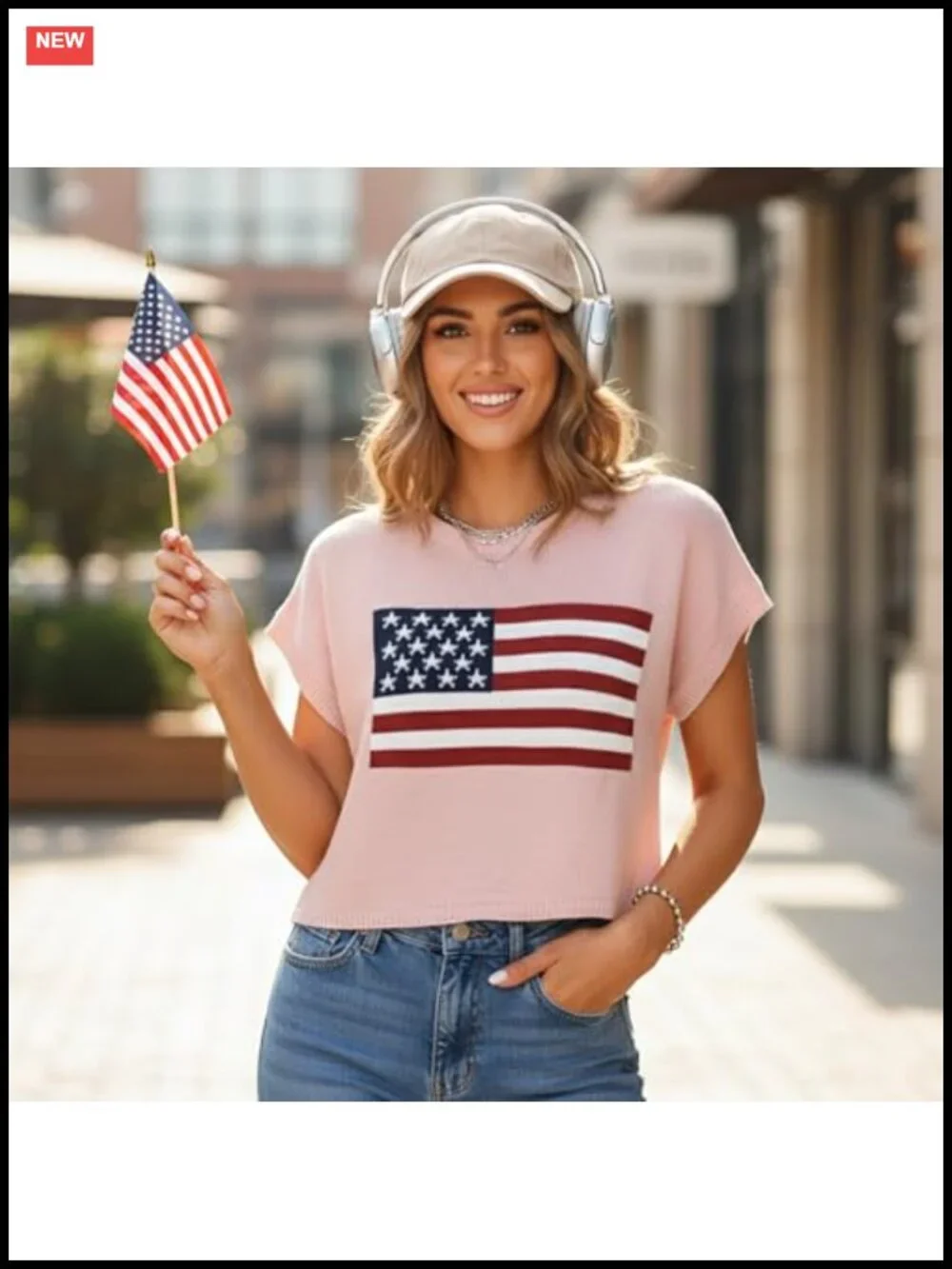 Women's American Flag Knit Pullover Sweater Lightweight Long Sleeve Crew Neck